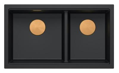 Quadri Newport II Doppeltes Schwarzes Granit Aufbauspülbecken 76x45 cm mit Kupferstopfen 1208971361
