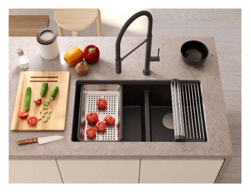 Quadri Newport II Doppelte Anthrazit Granit Unterbau Spüle 702 x 390 mm mit Kupferstöpsel 1208971374