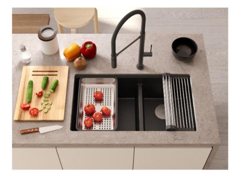 Quadri Newport II Doppelte Weiße Granit Unterbau Spüle 702 x 390 mm mit Edelstahl Stopfen 1208971383