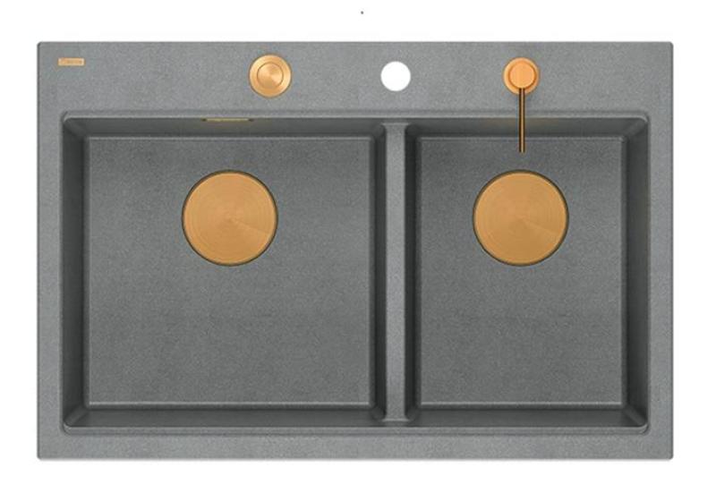 Quadri Hard Rock Doppelte Graue Granit Aufbau Spüle 76x50 cm mit Kupferstöpsel und Zubehör 1208971389