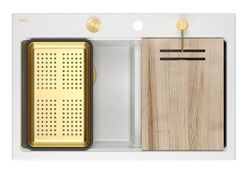 Quadri Hard Rock Doppelter Weißer Granit Aufbauwaschbecken 76x50 cm mit goldenem Stopfen und Zubehör 1208971392