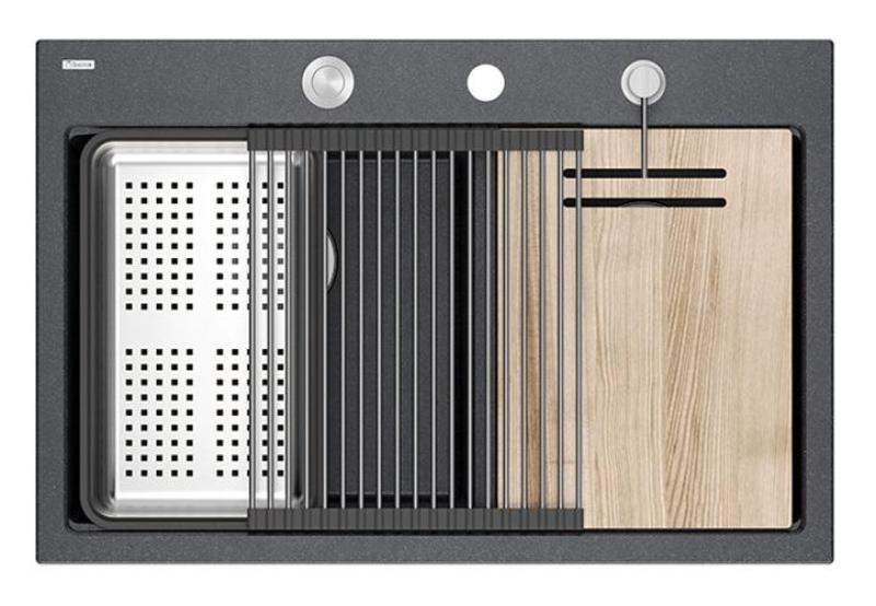 Quadri Hard Rock Doppel Anthrazit Granit Aufbauwaschbecken 76x50 cm mit Edelstahlstöpsel und Zubehör 1208971399