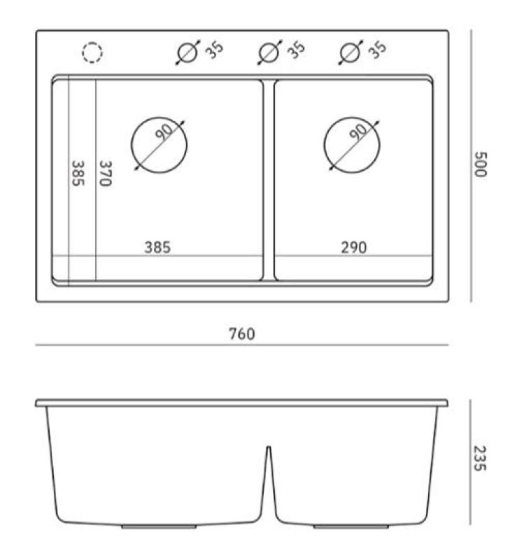 Quadri Hard Rock Doppeltes Schwarzes Granit Aufbauspüle 76x50 cm mit Edelstahl-Stopfen und Zubehör 1208971401