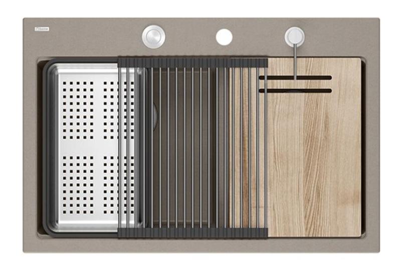 Quadri Hard Rock Doppel Taupe Granit Aufbau Spüle 76x50 cm mit Edelstahl Stopfen und Zubehör 1208971402