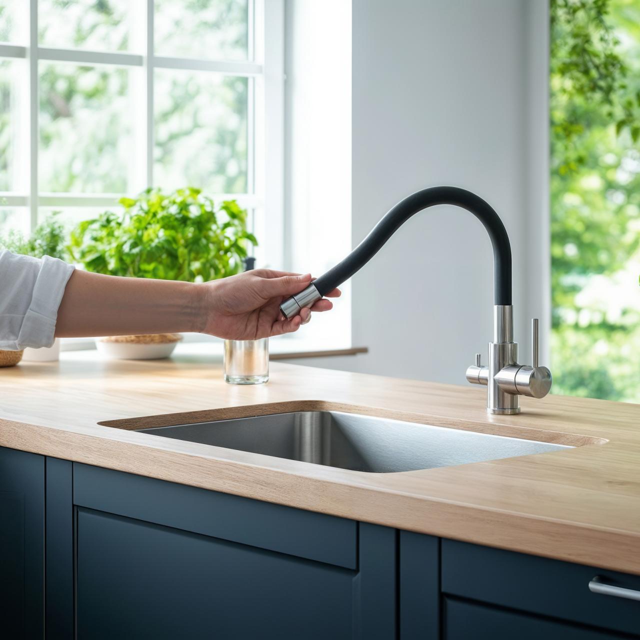 Quadri Selene Küchenmischbatterie Edelstahl 3-Wege mit flexiblem Auslauf und zusätzlichem Anschluss für gefiltertes Wasser 1208971407