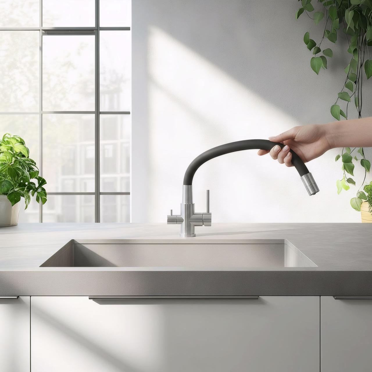 Quadri Selene Küchenmischbatterie Edelstahl 3-Wege mit flexiblem Auslauf und zusätzlichem Anschluss für gefiltertes Wasser 1208971407