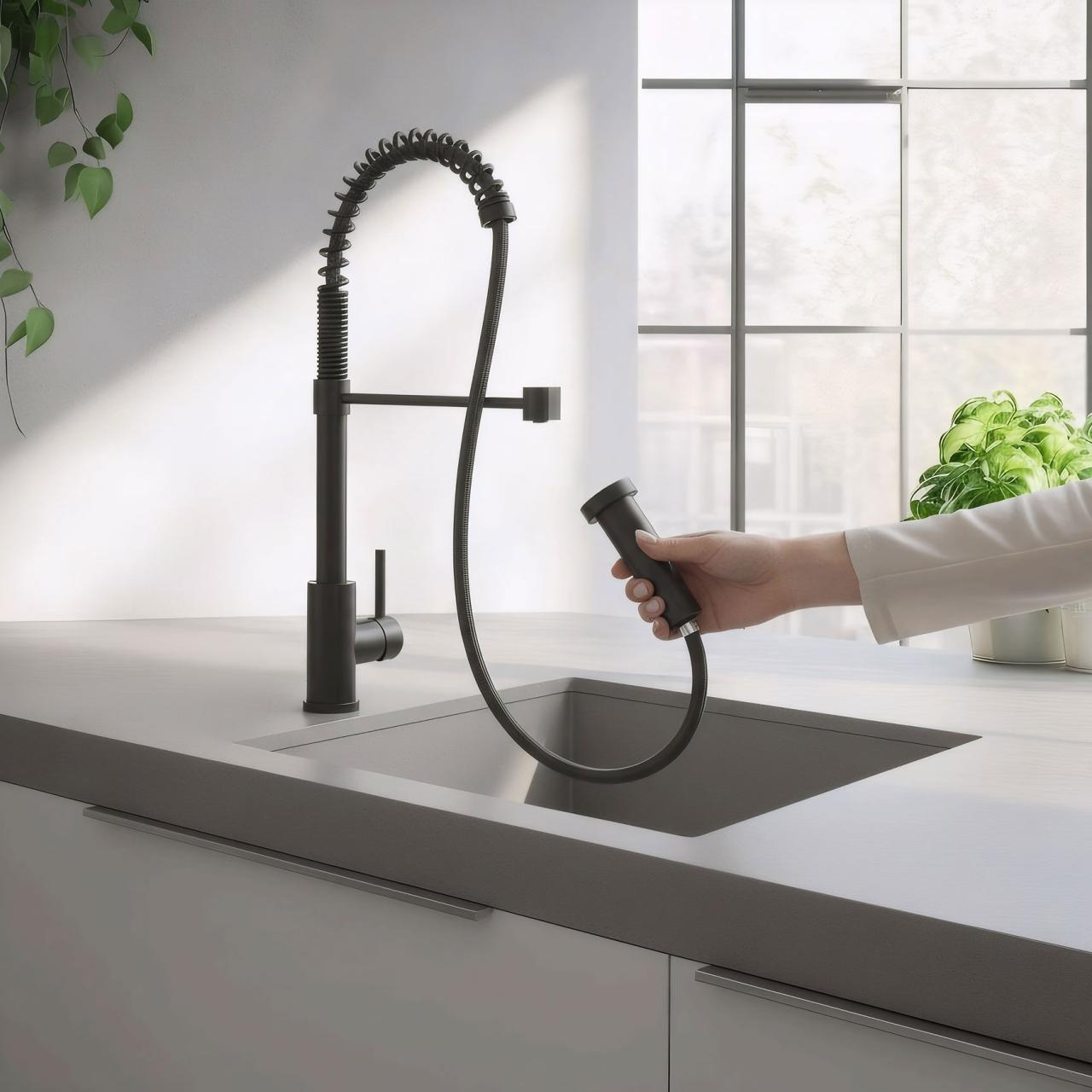 Quadri Redwick Küchenmischbatterie schwarz mit halbflexiblem Auslauf und Dusche mit 2 Strahlarten plus Wasserstopp-Funktion 1208971410