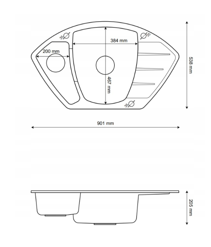 Graniteland Monte Granit Weiß Eckspülbecken Aufbau 901x538mm mit Edelstahl Stopfen 1208971415