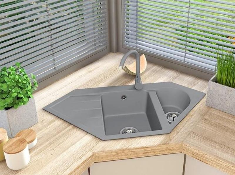 Graniteland Amiata Granit graue Eckspüle Aufbau 965x496mm mit Edelstahlstopfen 1208971419