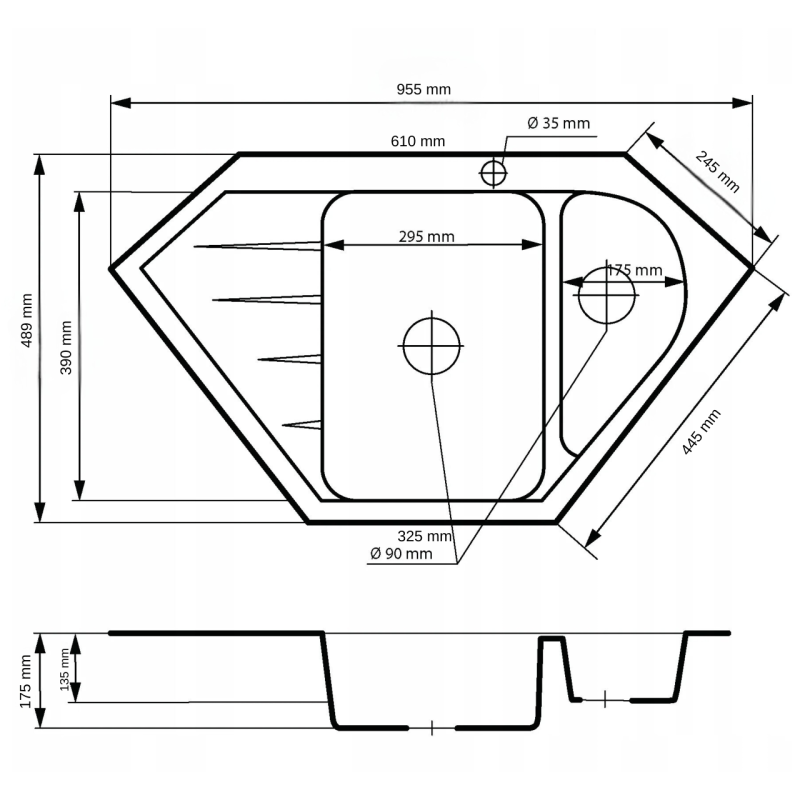 Graniteland Amiata Granitgraues Eckwaschbecken Aufsatz 955 x 489 mm mit Edelstahlstopfen 1208971419