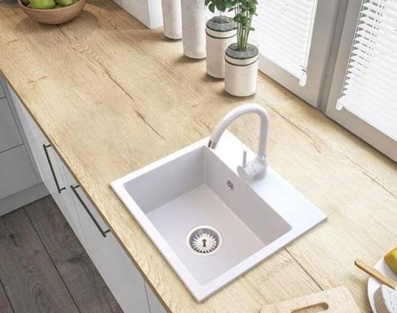 Graniteland Nera Granite Sink 45x42 cm White Surface Mount with Faucet Hole and Stainless Steel Plug 1208971435