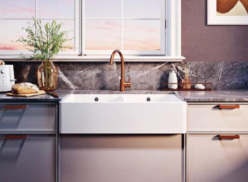 Ausmann Ceramic Mira Keramische Weiße Doppelspüle - Unterbau und Zwischenbau 890 x 456 mm mit Gun Metal Stopfen 1208971473