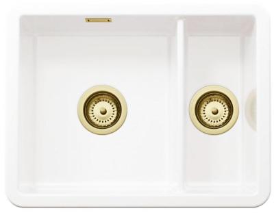 Ausmann Ceramic Ember Keramische Weiße Anderthalb Einbauspüle Aufbau und Unterbau 495 x 370 mm mit Goldenen Steckern 1208971511