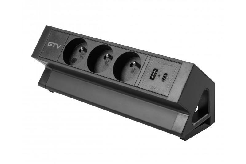 Basco Möbelsteckdose, 3 x Steckdose mit Erdung, USB A+C, 1,5m Kabel, schwarz mit Montage