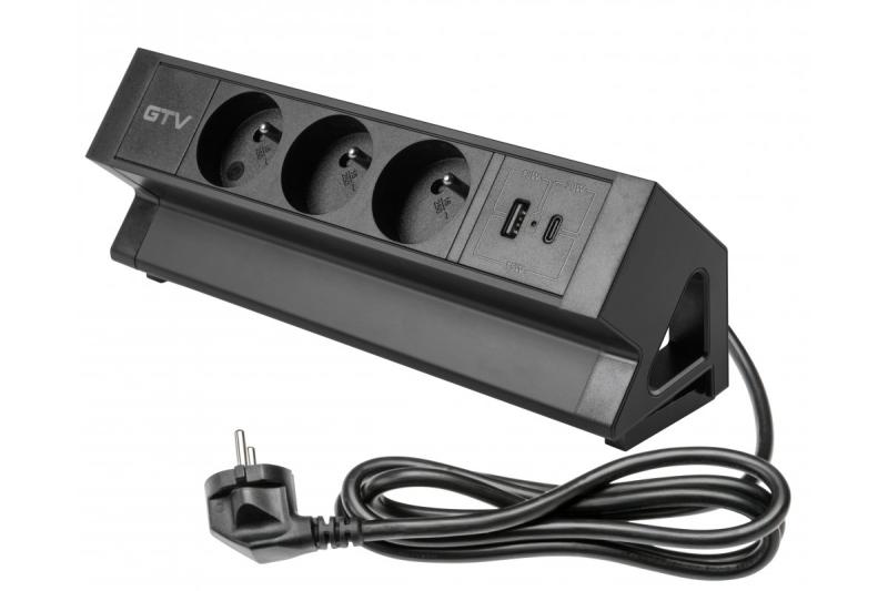 Basco Möbelsteckdose, 3 x Steckdose mit Erdung, USB A+C, 1,5m Kabel, schwarz mit Montage