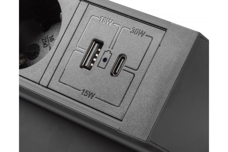 Basco Möbelsteckdose, 3 x Steckdose mit Erdung, USB A+C, 1,5m Kabel, schwarz mit Montage