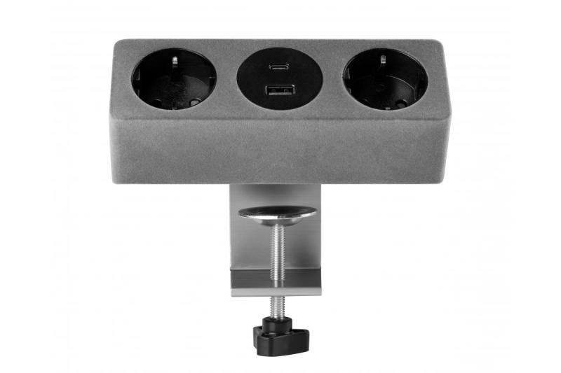 Möbelsteckdose SOFITO, 2xSCHUKO, USB A+C, Kabel 1,5 m, grauer Flock