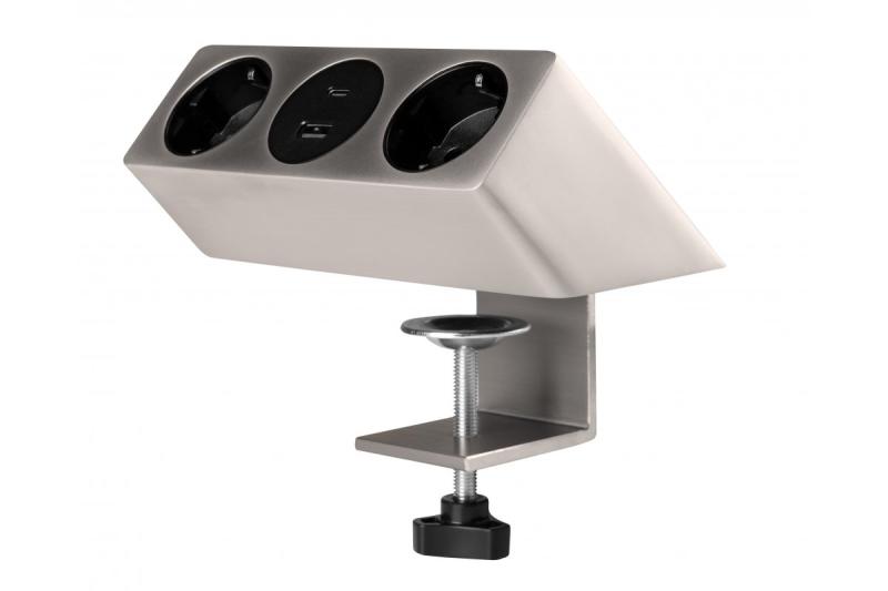 Möbelsteckdose SOFITO, 2xSCHUKO, USB A+C, Kabel 1,5 m, Edelstahl