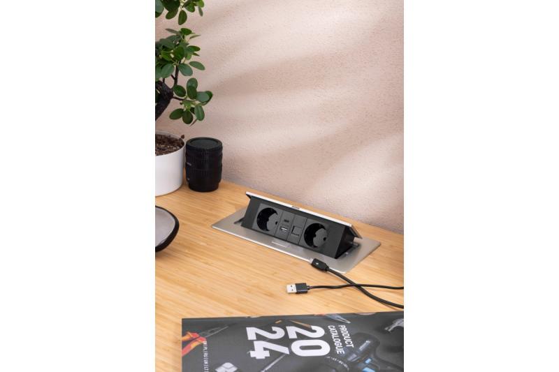 Möbelsteckdose MULTISOFT, 2x SCHUKO, USB A+C, RJ45, Kabel 1,5 m, Aluminium