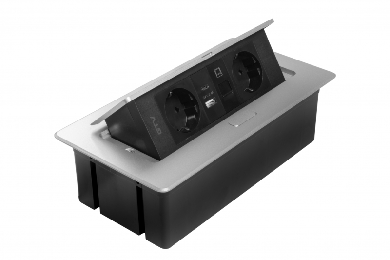 Möbelsteckdose MULTISOFT, 2x SCHUKO, USB A+C, RJ45, Kabel 1,5 m, Aluminium