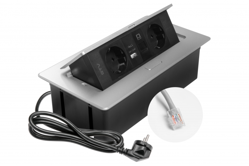 Möbelsteckdose MULTISOFT, 2x SCHUKO, USB A+C, RJ45, Kabel 1,5 m, Aluminium