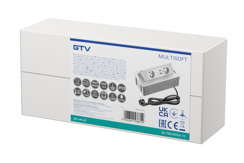 MULTISOFT Möbelsteckdose 2x Steckdose mit Erdung, USB A+C, RJ45, Stromkabel mit Stecker, Weiß