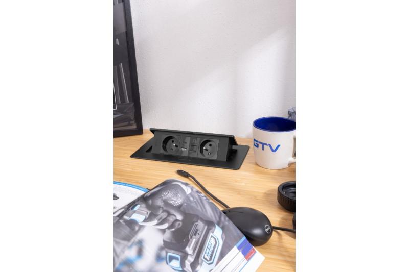 MULTISOFT Möbeleinbausteckdose 2x Steckdose mit Erdung, USB A+C, RJ45, Stromkabel mit Stecker, Schwarz