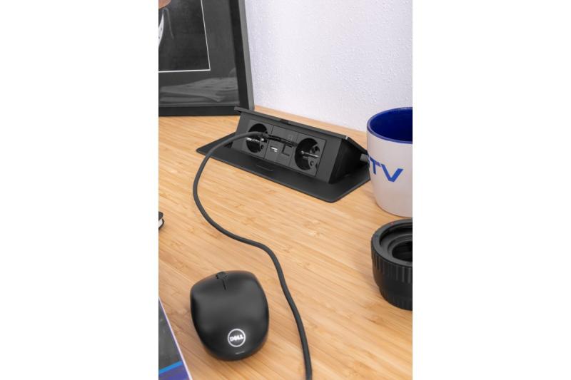 MULTISOFT Möbeleinbausteckdose 2x Steckdose mit Erdung, USB A+C, RJ45, Stromkabel mit Stecker, Schwarz