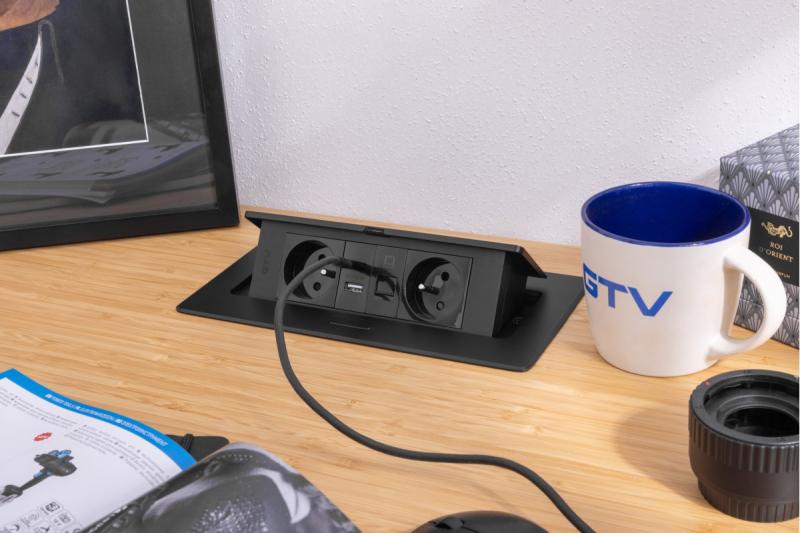 MULTISOFT Möbeleinbausteckdose 2x Steckdose mit Erdung, USB A+C, RJ45, Stromkabel mit Stecker, Schwarz