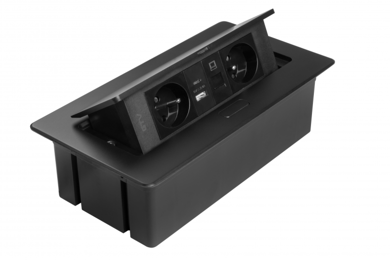 MULTISOFT Möbeleinbausteckdose 2x Steckdose mit Erdung, USB A+C, RJ45, Stromkabel mit Stecker, Schwarz