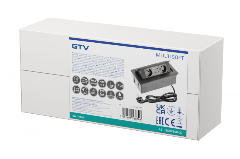 MULTISOFT Möbeleinbausteckdose 2x Steckdose mit Erdung, USB A+C, RJ45, Stromkabel mit Stecker, Schwarz