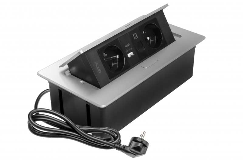 MULTISOFT Möbeleinsatz 2x Steckdose mit Erdung, USB A+C, RJ45, Stromkabel mit Stecker, Aluminium