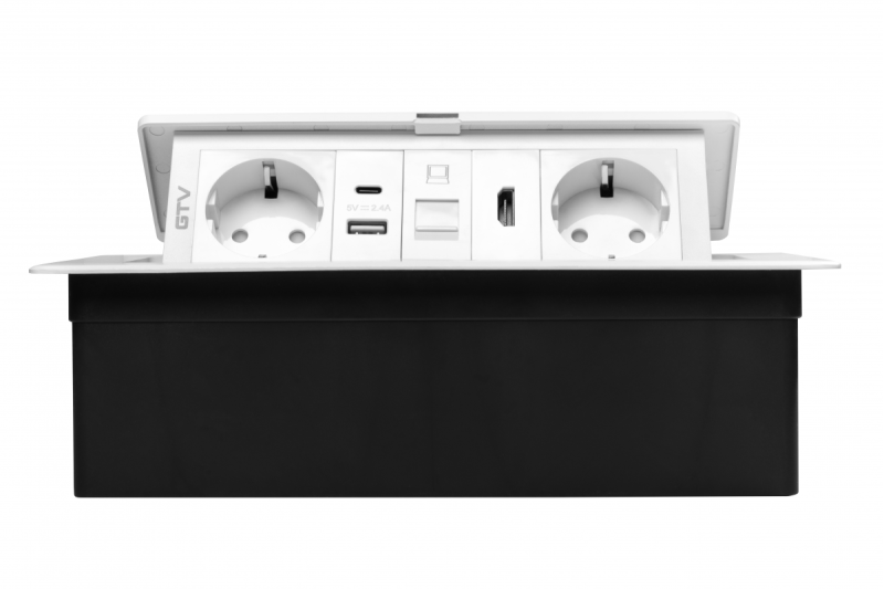 Möbelsteckdose MULTISOFT, 2xSCHUKO, USB A+C, RJ45, HDMI, Kabel 1,5 m, weiß