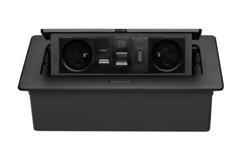 Möbelsteckdose MULTISOFT, 2xSCHUKO, USB A+C, RJ45, HDMI-Kabel 1,5 m, schwarz