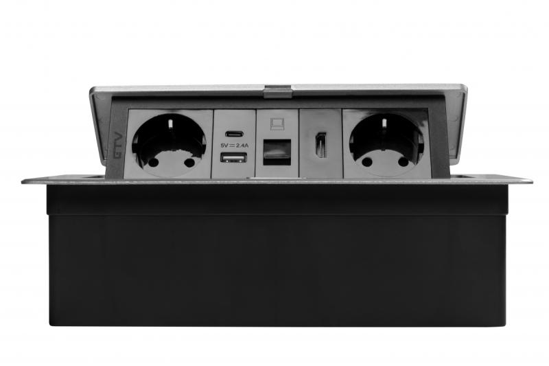 Möbelsteckdose MULTISOFT, 2xSCHUKO, USB A+C, RJ45, HDMI-Kabel 1,5 m, Aluminium