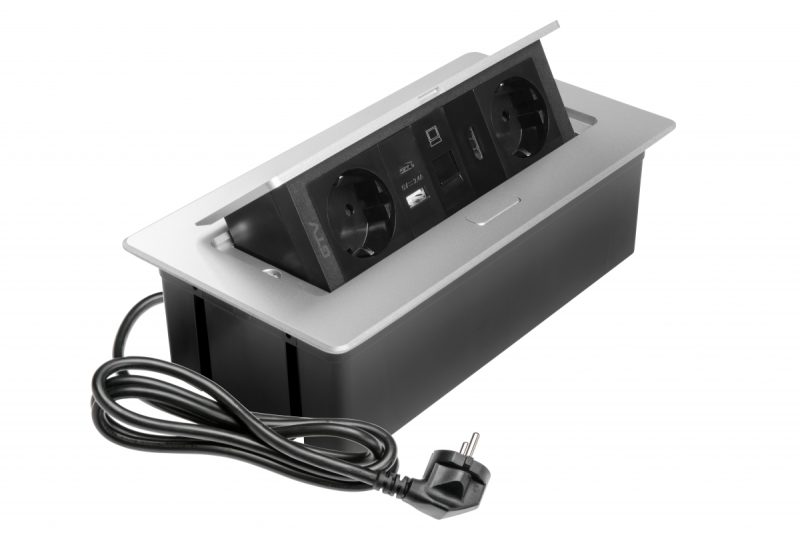 Möbelsteckdose MULTISOFT, 2xSCHUKO, USB A+C, RJ45, HDMI-Kabel 1,5 m, Aluminium