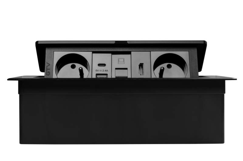 MULTISOFT Möbelsteckdose 2x Steckdose mit Erdung, USB A+C, RJ45, HDMI, Stromkabel mit Stecker, Schwarz