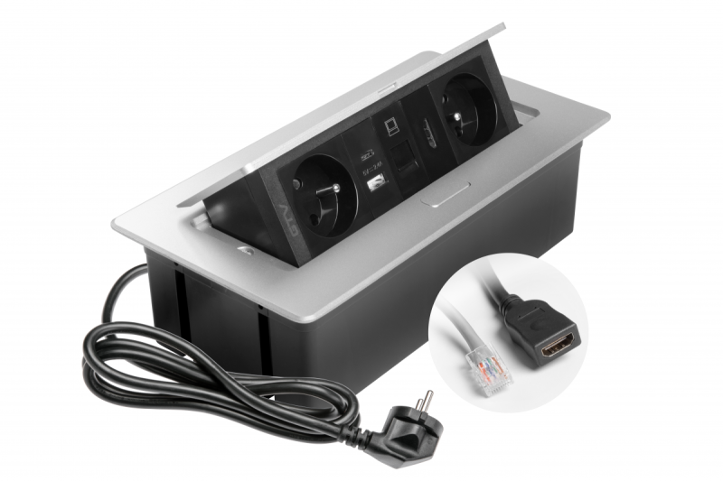 MULTISOFT Möbelsteckdose 2x Steckdose mit Erdung, USB A+C, RJ45, HDMI, Stromkabel mit Stecker, Aluminium