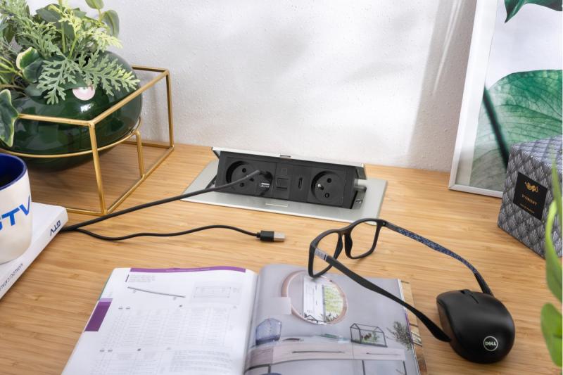 MULTISOFT Möbelsteckdose 2x Steckdose mit Erdung, USB A+C, RJ45, HDMI, Stromkabel mit Stecker, Aluminium