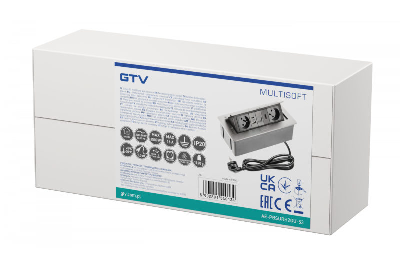 MULTISOFT Möbelsteckdose 2x Steckdose mit Erdung, USB A+C, RJ45, HDMI, Stromkabel mit Stecker, Aluminium