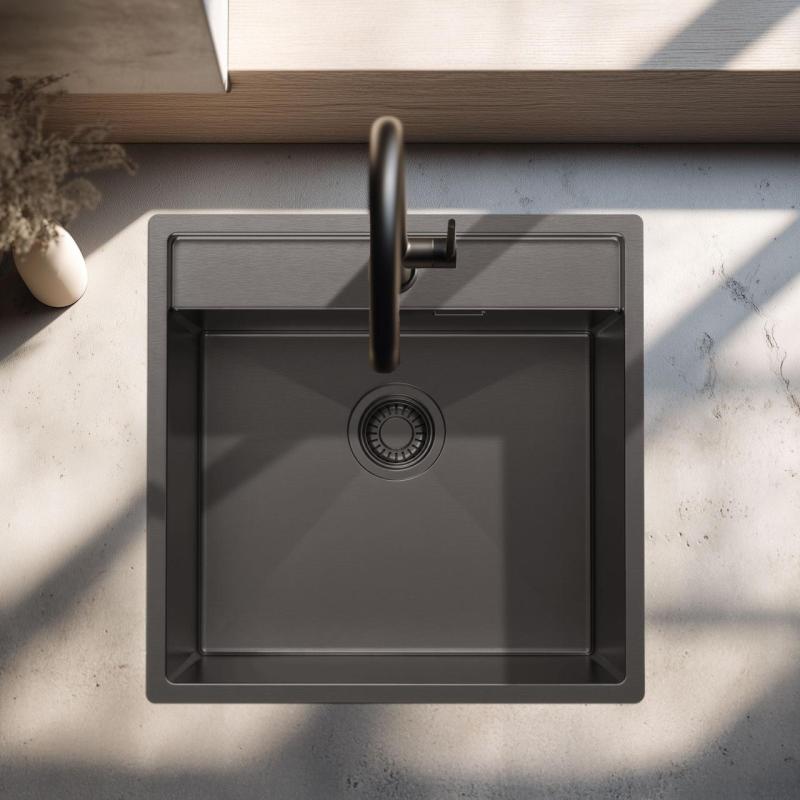Pure.Sink Luxion Gun Metal Spülbecken 51 x 50 cm Tapwing mit Hahnlochbank PLX5150T-61