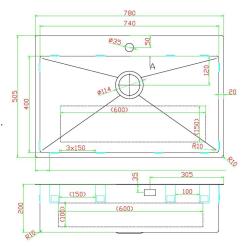 Pure.Sink Luxion Große Edelstahlspüle 78 x 50 cm Tapwing mit Hahnlochbank PLX7850T-02