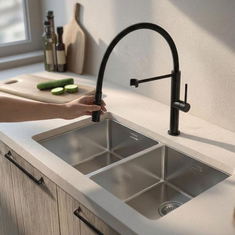 Pure.Sink Luxion Mattschwarzer Profi-Küchenwasserhahn mit flexiblem Auslauf und 2 Strahlarten PLXFLEX-10