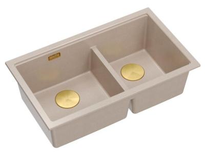 Quadri Newport II Doppelte Beige Granit Unterbau Spüle 702 x 390 mm mit goldenem Stopfen 1208971756