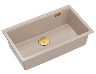 Quadri Newport II große und tiefe Spülbecken Granit Aufbau und Unterbau beige Spülbecken 76x45cm mit goldenem Stopfen 1208971759