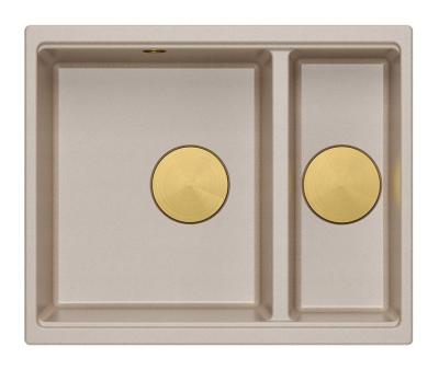 Quadri Newport II beige 1,5 Spülbecken Granit Aufbau und Unterbau Spülbecken 555x460mm mit goldenem Stecker 1208971768