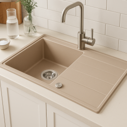 Quadri Luton beige Granitaufbauwaschbecken mit Abtropffläche umkehrbar 86x50cm mit Edelstahlstopfen 1208971779