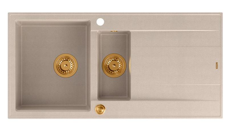 Quadri Luton Perlbeige Granitaufbau 1,5 Spülbecken mit Abtropffläche umkehrbar 100x50cm mit Kupferstöpsel 1208971792