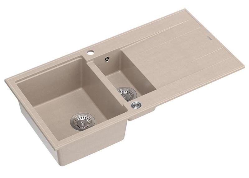 Quadri Luton Perlbeige Granitaufbau 1,5 Spülbecken mit Abtropffläche umkehrbar 100x50cm mit Edelstahlstopfen 1208971794