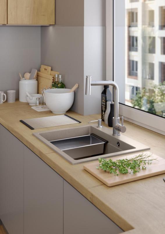 Quadri Durham Pearl Beige Granit-Aufbau-Spülbecken 595x500 mit Seifenspender, Schneidebrett, Einsatzbecken und Rollmatte 1208971814